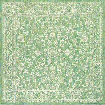Tela Boho Textured Weave Floral Indoor/Outdoor Rug, Cream/Green, 5' Square
