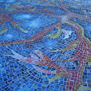 Coral worked in hand-cut glass and marble