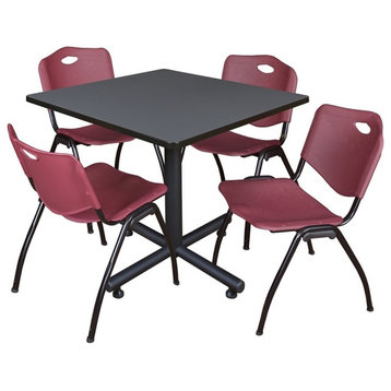Kobe 36" Square Breakroom Table, Gray and 4 'M' Stack Chairs, Burgundy