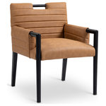 Meridian Furniture - Aimee Upholstered Dining Arm Chair, Cognac, Vegan Leather, Black - A perfect fusion of modern elegance and eco-friendly luxury is the Aimee cognac vegan leather dining armchair. Upholstered in sleek vegan leather, this chair offers a chic, contemporary look while maintaining a commitment to sustainable living. The padded, quilted design featuring solid black wood legs and armrests creates a stunning contrast between its soft upholstery and minimalist frame.