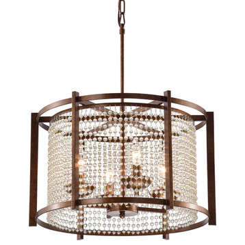 4-Light Rustic Finish Round Crystal Chandelier With Glass Beaded Strand Drum Gla