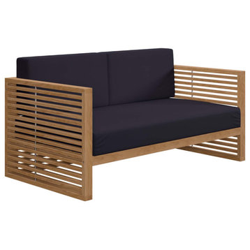Modway Carlsbad Teak Wood & Fabric Outdoor Patio Loveseat in Natural/Navy