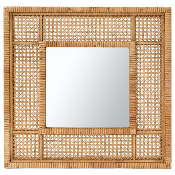 23.5" Square Modern Wood and Rattan Wall Mirror