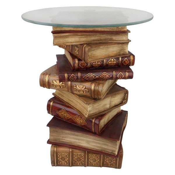Design Toscano Power Vintage Decor Stacked Books End Table with Glass Top, 21 Inch, Full Color