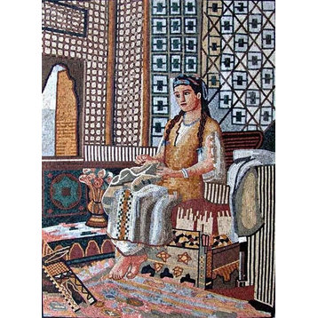 Oriental Scene Woman Mosaic Mural, 35"x47"