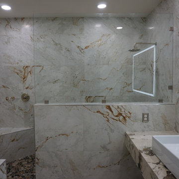White and rust master bathroom