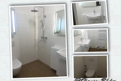 Mittelgroßes Modernes Duschbad mit offener Dusche, Wandtoilette, Trogwaschbecken und Mineralwerkstoff-Waschtisch in Hamburg