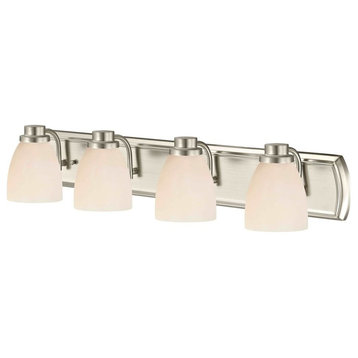 4-Light Bathroom Light in Satin Nickel with White Bell Glass