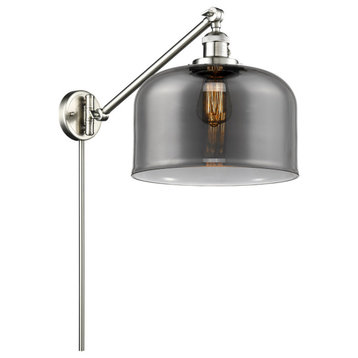 X-Large Bell 1 Light Swing Arm or Wall Lamp, Brushed Satin Nickel, Plated Smoke