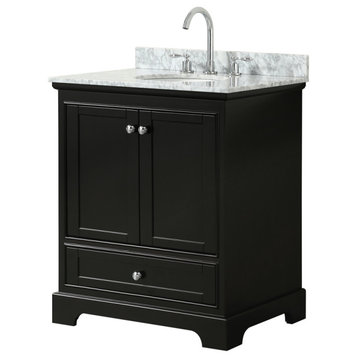 Deborah 30" Dark Espresso SGL Vanity, Carrara Marble Top, Oval Sink, No Mirror