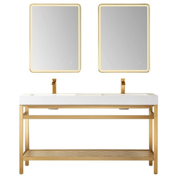 Ablitas 60" Double Sink Bath Vanity Brushed Gold Metal Frame White Top & Mirror