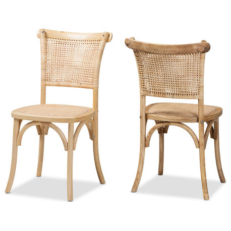 Fields Mid-Century Brown Woven Rattan and Wood 2-Piece Cane Dining Chair Set