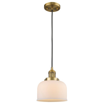 1-Light Large Bell 8" Pendant, Brushed Brass, Glass: White Cased
