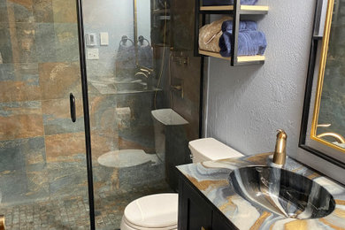 Single-sink bathroom photo in Other with blue cabinets, an integrated sink and a freestanding vanity