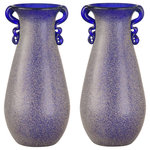 Dale Tiffany - Springdale 9" Morgana 2-Piece Hand Blown Art Glass Vase Set - Our lovely Morgana 2-Piece Art Glass Vase Set features contemporary lines that will perfectly accentuate any decor style. The set includes a pair of teardrop vases that begin with a base of gorgeous purple blue. The outer wall is a textured grey that creates a stonelike texture while allowing the solid color on the inner wall to peek through for a delightful contrast. We added decorative handles in matching purple blue just under the wide mouth for added texture and visual interest. The vases are hand blown using Favrile Art Glass. The Favrile process embeds the color within the glass, which allows for subtle variations in tone and texture. This means that no 2 pieces are exactly alike. Perfectly sized for any design need, the vases are beautiful when displayed alone; try displaying both together on a curio shelf, mantle or matching end tables for a fantastic look. Our Morgana 2-Piece Art Glass Vase Set also makes a fantastic gift for any occasion.