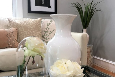 Example of a transitional living room design in Boston
