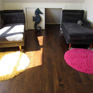 WESTHAMPTON: RED OAK INSTALLED & FINISHED WTH DARK WALNUT STAIN / SATIN OIL POLY