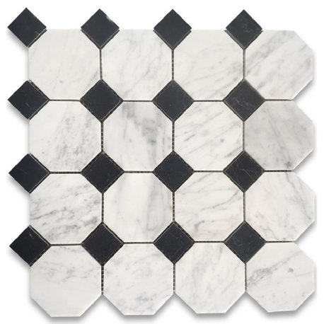 Carrara White Venato Marble 3" Octagon Mosaic Tile Black Dots Honed, 1 sheet