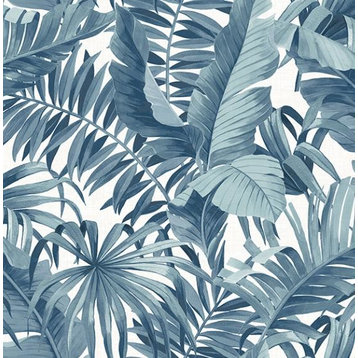 Alfresco leaves Palm Wallpaper White navy blue Tropical 2744-24133, 21 Inc X 33