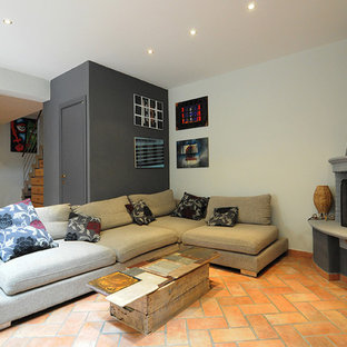 75 Beautiful Terra Cotta Floor Living Room With Gray Walls
