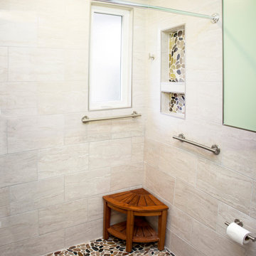 Green Bathroom with custom tile shower.