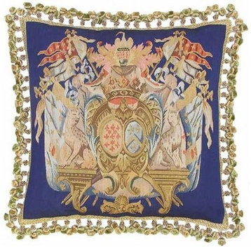 Aubusson Throw Pillow 22"x22" Royal Orb Blue Gold Handwoven Silk