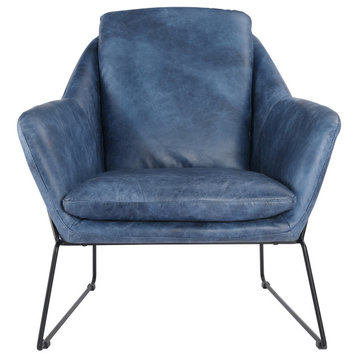 Modern Club Chair Blue Top Grain Leather Armchair for Living Room