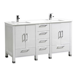 60" Gloss White Vanity with White Quartz Counter Top - Bathroom Vanities And Sink Consoles