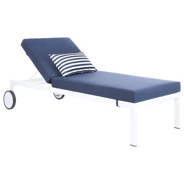 Outdoor Chaise Lounge, White Aluminum Frame With Wheels & Navy Cushioned Seat