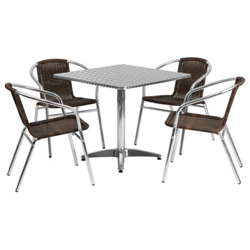 31.5" Square Aluminum Indoor Outdoor Table With 4 Dark Brown Rattan Chairs