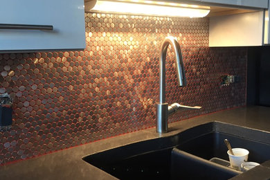 Kitchen Backsplash, Silver Penny with Red Lipstick Grout