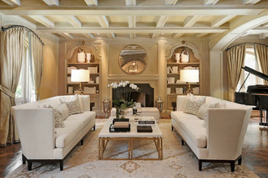Example of a large classic formal dark wood floor living room design in Salt Lake City with beige walls, a standard fireplace and no tv