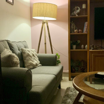 Cozy Living Corner (Grey Sofa + Wooden Shelves)