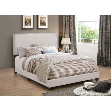 Benzara BM182808 Upholstered Queen Size Platform Bed with Nail Head Trim, Ivory