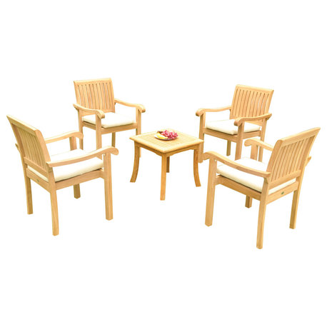 5-Piece Outdoor Patio Teak Dining Set, 18" Side Table, 4 Nain Stacking Chairs