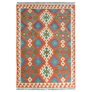Colorful Afghan Kilim With Geometric Design Hand Woven Pure Wool Rug, 4'2"x6'0"