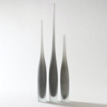 Tall Frosted Gray Art Glass Spire Bottle Vase Soft Steel Slim, 3-Piece Set
