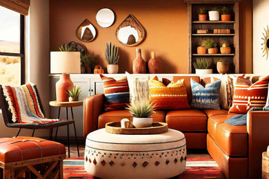 Foto de salón de estilo americano de tamaño medio con parades naranjas y suelo marrón