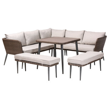 Gloriana Light Gray Upholstered and Brown 5-Piece Woven Rattan Outdoor Patio Set