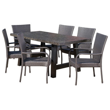 7 Pieces Outdoor Dining Set, Rectangular Concrete Table and Gray Wicker Chairs