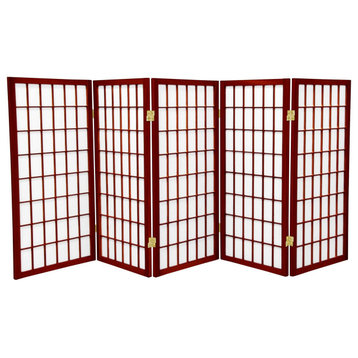 3 ft Room Divider, 5 Hinged Rice Paper Panels With Lattice Pattern, Rosewood