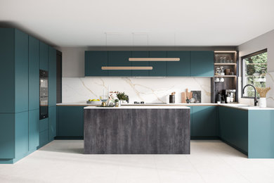 Large contemporary u-shaped kitchen in London with flat-panel cabinets, blue cabinets, quartz worktops, multi-coloured splashback, black appliances, an island and multicoloured worktops.