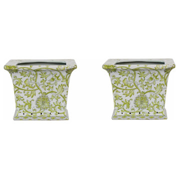 Set of 2 Green and White Twisted Lotus Square Porcelain Flower Pots 6"