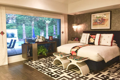 Bedroom - mid-sized contemporary master medium tone wood floor, brown floor, tray ceiling and wallpaper bedroom idea in Houston with white walls