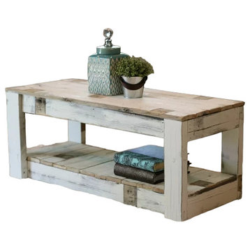 Farmhouse Rustic Coffee Table, Weathered Reclaimed Wood Construction, Off White
