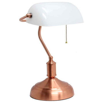 Simple Designs Executive Banker's Desk Lamp With White Glass Shade, Rose Gold