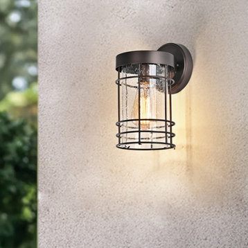 Oil Rubbed Bronze Outdoor Cylinder Wall Sconce Lantern With Seedy Glass