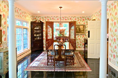 Large tuscan porcelain tile great room photo in Other with multicolored walls