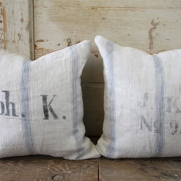 Pair of 19th Century Antique Linen Grain Pillows with Monograms