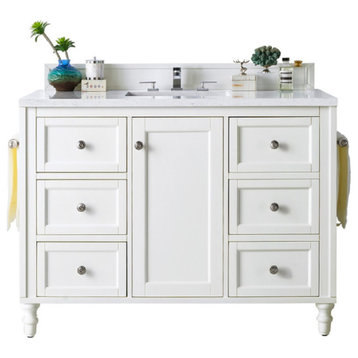 48 Inch Single Sink Bath Vanity, White, Pearl Quartz, Outlets, Transitional